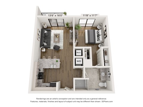 Floor plan for 1 bed, 1 bath, 716 sqft
